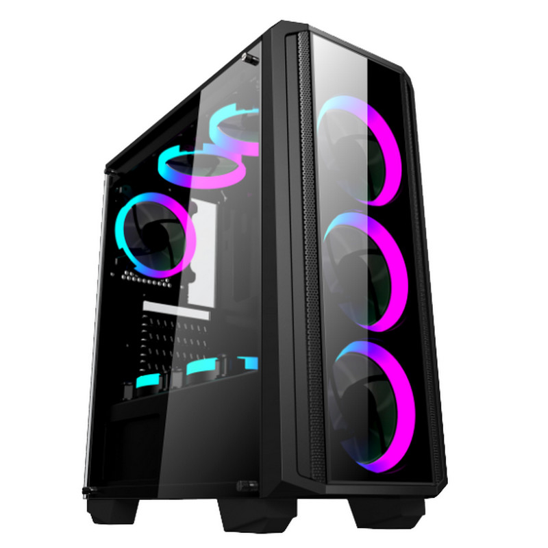 Fan du cas RVB de jeu de caisse d'ordinateur de bureau avec le cas en verre de Front Iron Net Panel ATX de panneau