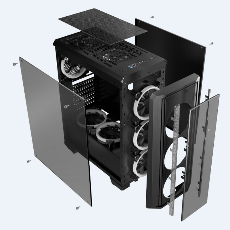 Fan du cas RVB de jeu de caisse d'ordinateur de bureau avec le cas en verre de Front Iron Net Panel ATX de panneau