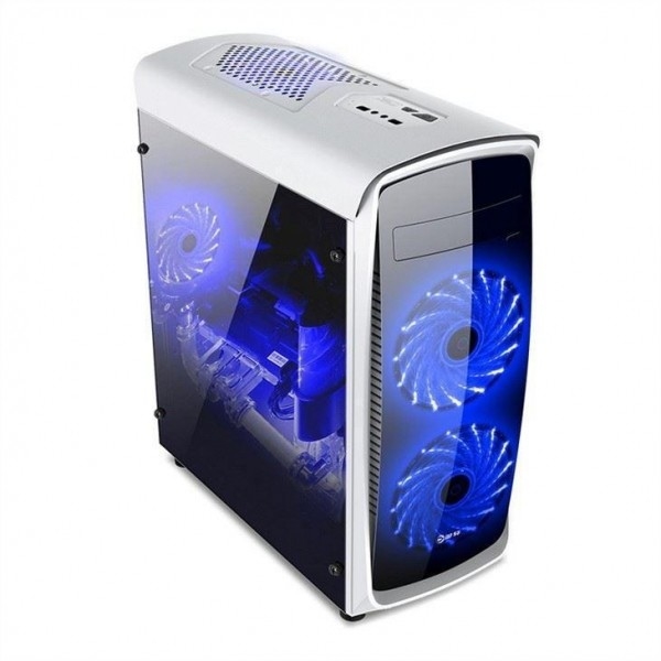 ETEK ATX boîtier à tour moyenne panneau avant et côté acrylique vue complète du côté noir et blanc