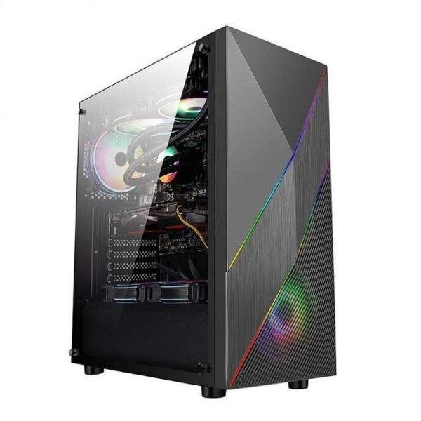 ETEK - PC Mid Tower Case Panneau avant irrégulier et maillé avec bande LED ARGB,Panneau latéral en verre trempé,Panneau d'entrée/sortie supérieur