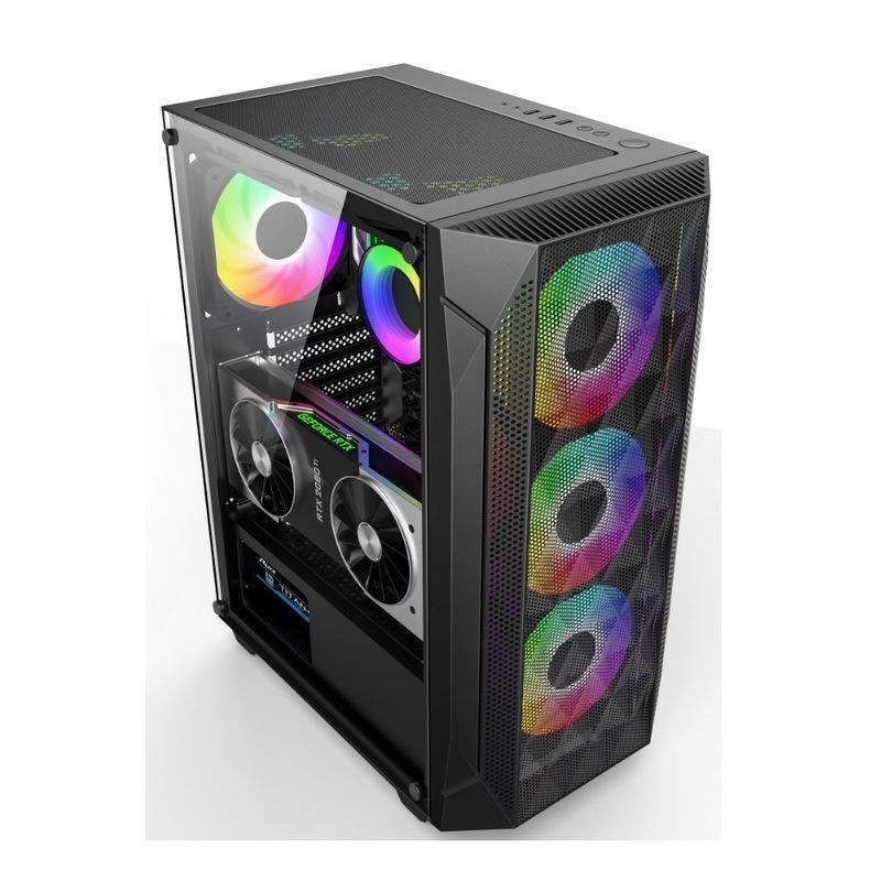 ETEK - ATX/Matx Casse d'ordinateur Panneau de verre trempé sur la surface de la maille pressée sur le côté Panneau avant support Radiateur refroidi à l'eau