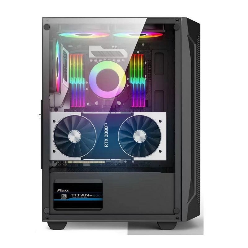 ETEK - ATX/Matx Casse d'ordinateur Panneau de verre trempé sur la surface de la maille pressée sur le côté Panneau avant support Radiateur refroidi à l'eau