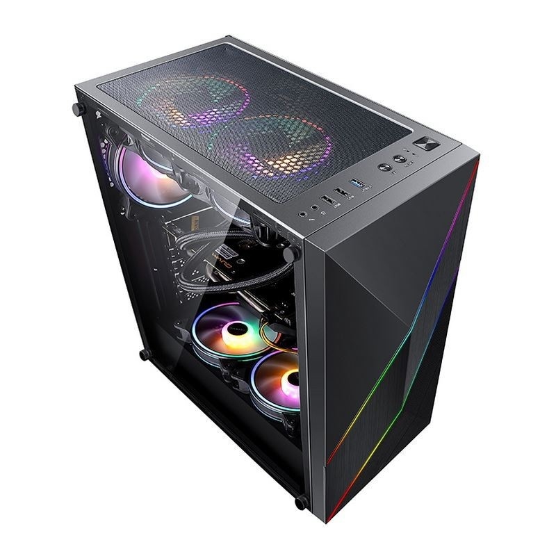ETEK - PC Mid Tower Case Panneau avant irrégulier et maillé avec bande LED ARGB,Panneau latéral en verre trempé,Panneau d'entrée/sortie supérieur