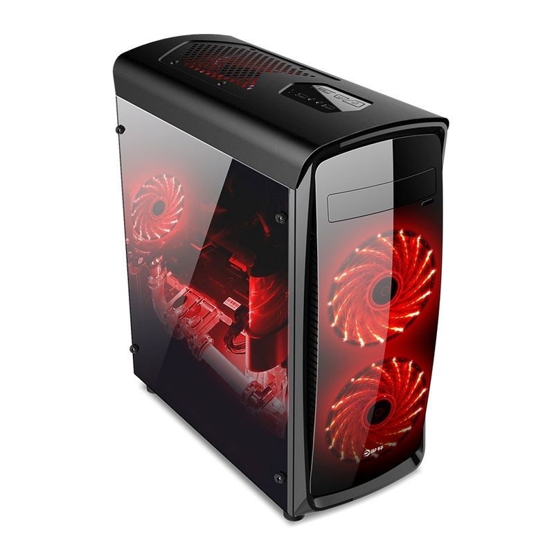 ETEK ATX boîtier à tour moyenne panneau avant et côté acrylique vue complète du côté noir et blanc