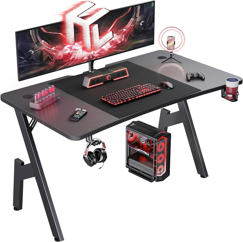 Bureau de jeu ergonomie avec carte de particules de 1,2 cm et revêtement en fibre de carbone avec porte-gobelets et casque