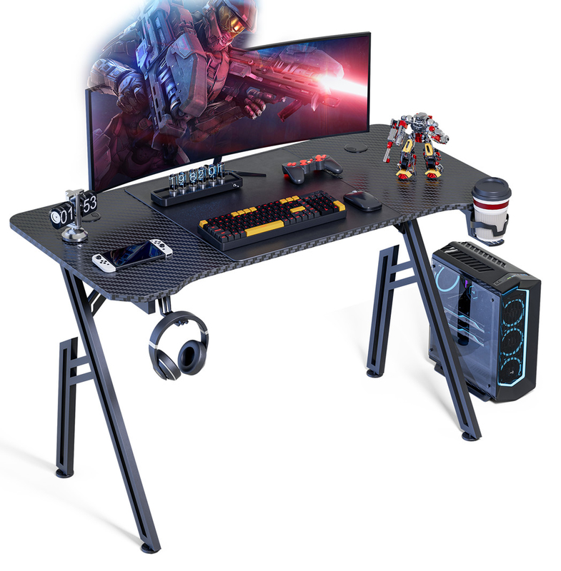 Bureau de jeu ergonomie avec carte de particules de 1,2 cm et revêtement en fibre de carbone avec porte-gobelets et casque