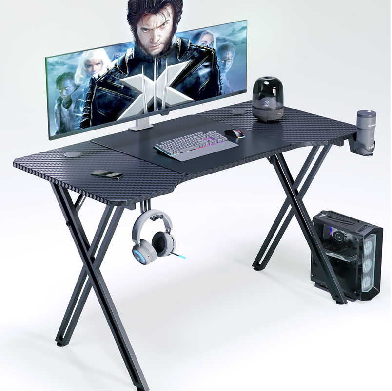 Bureau de jeu ergonomie avec carte de particules de 1,2 cm et revêtement en fibre de carbone avec porte-gobelets et casque
