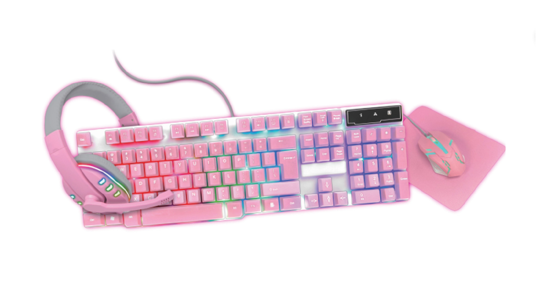 Compact clavier de jeu tout rose léger avec rétroéclairage arc-en-ciel statique plus écouteurs roses assortis Souris et souris Pa.