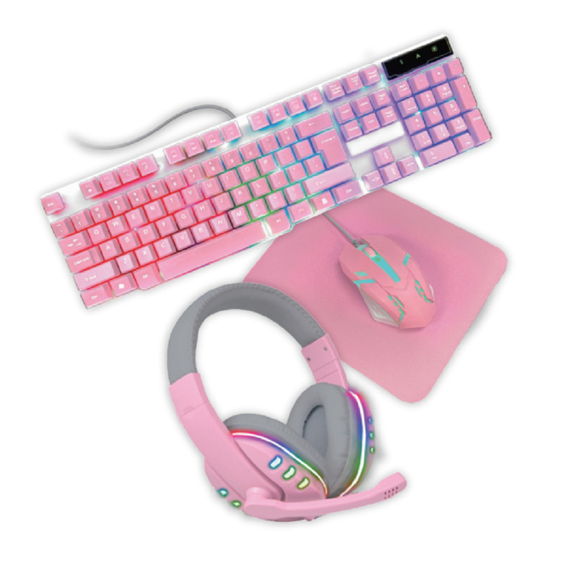 Compact clavier de jeu tout rose léger avec rétroéclairage arc-en-ciel statique plus écouteurs roses assortis Souris et souris Pa.