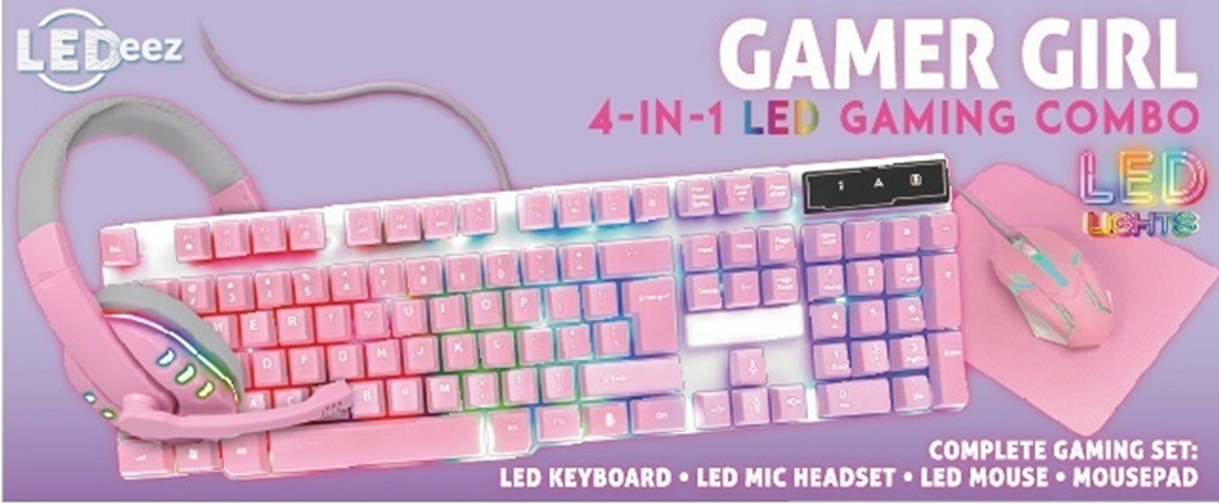 Compact clavier de jeu tout rose léger avec rétroéclairage arc-en-ciel statique plus écouteurs roses assortis Souris et souris Pa.