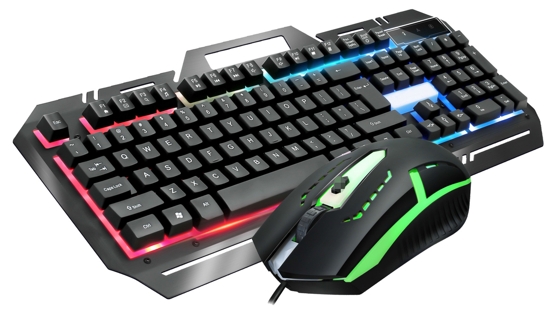 Clavier de jeu en métal avec 104 touches FN+F1-F12 Fonctions Souris de jeu rétroéclairée à LED avec éclairage RGB réglable DPI (500-1500)