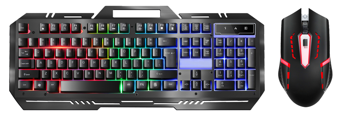 Clavier de jeu en métal avec 104 touches FN+F1-F12 Fonctions Souris de jeu rétroéclairée à LED avec éclairage RGB réglable DPI (500-1500)