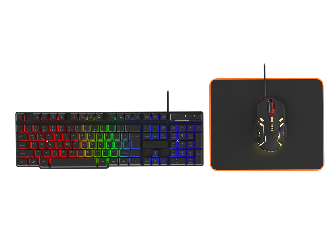 Éclairage statique de couleur arc-en-ciel Clavier à film de carbone haut de gamme 6D Souris de jeu filaire avec ergonomie Pad de souris confortable