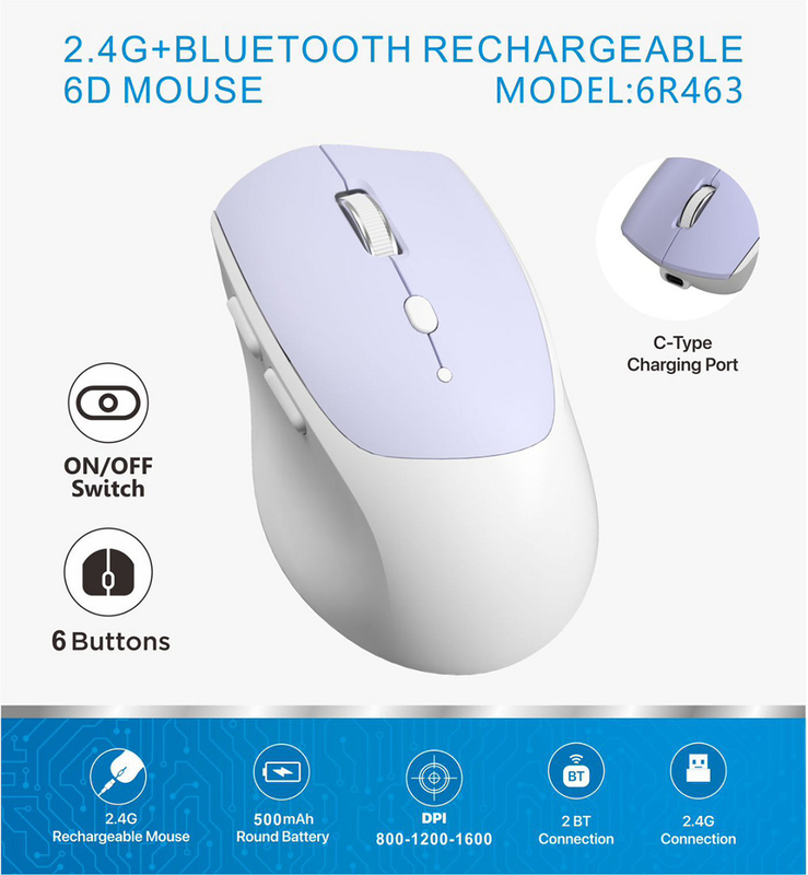 6D, connexion 2.4G, 800-1600 DPI, batterie ronde de 500 mAh, interface de type C. Idéal pour les employés de bureau, les joueurs