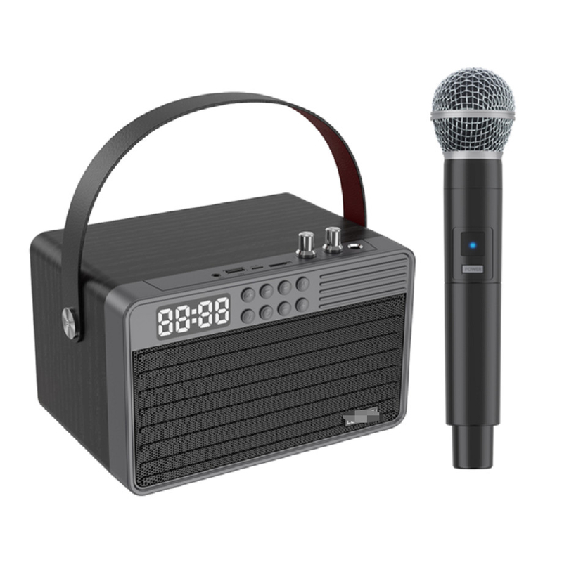 Prend en charge le Bluetooth AUX TF Card U Disque Radio FM Microphone sans fil en bois ABS Matériau de treillis en fer 2400mAh Batterie