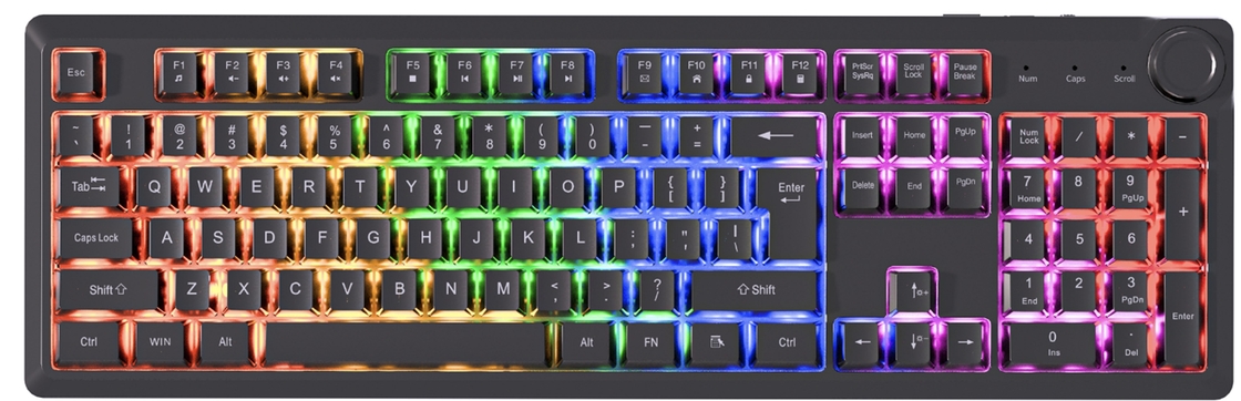 Le clavier câblé à 104 touches Multimédia FN Touches Rainbow Light ABS + Touches noires + Membrane argenté 510g Corps léger