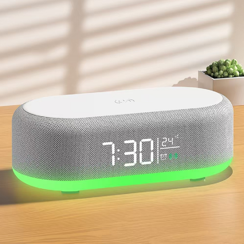 ETEK Bluetooth 5.3 haut-parleur multifonction avec affichage de température, horloge, batterie de 1200mAh, charge sans fil de 15W, pilote 5W de 52mm.