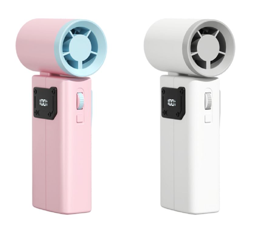 Ventilateur haute capacité ETEK 3600mAh avec une puissance de 6,5W, 100 vitesses + mode turbo, corps bicolore ABS+PC (Blanc/Rose).