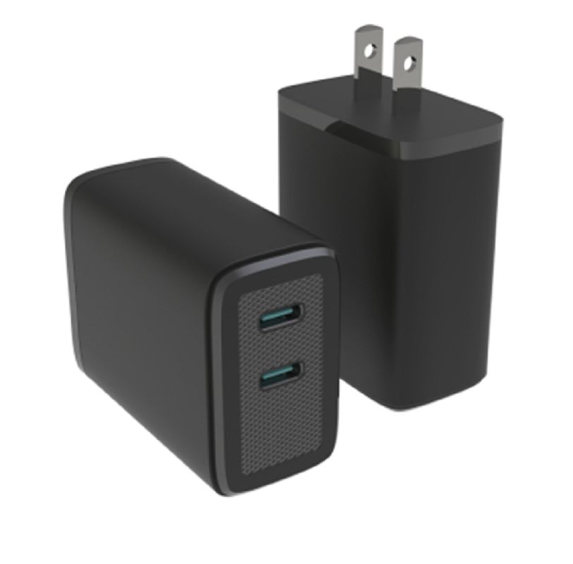 Chargeur GaN double USB-C avec sortie maximale de 65W PD, multi-protocole, 110-240V, tension globale, noir / blanc