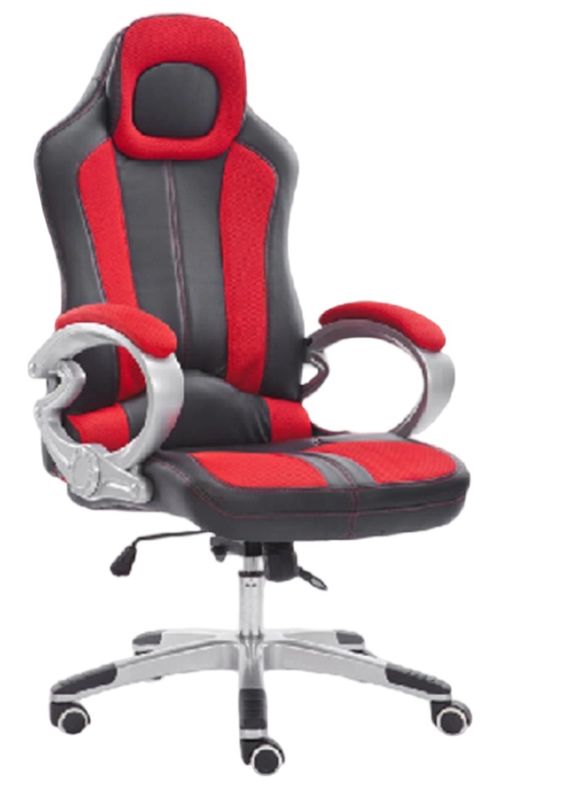 Chaise ergonomique avec roulettes en PU, base thermolaquée, vérin à gaz 100 mm, mécanisme d'inclinaison, accoudoirs en maille rouge/noire