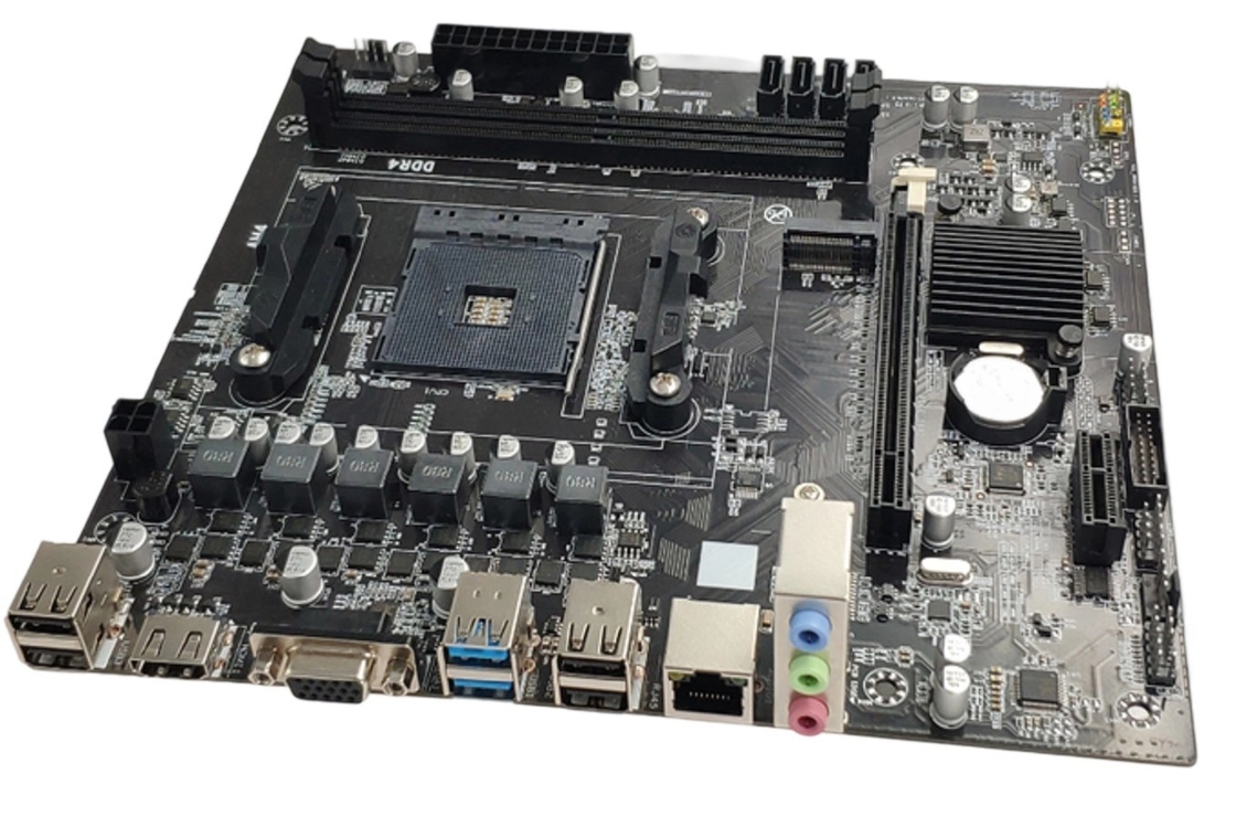 Carte mère M-ATX AM4 pour processeurs Ryzen 3/5, deux slots DDR4, 4 ports SATA3.0, sorties d'affichage VGA+HDMI et 3 prises audio 3,5 mm