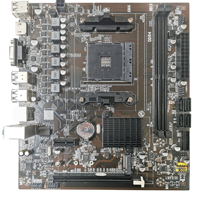 Carte mère M-ATX AM4 pour processeurs Ryzen 3/5, deux slots DDR4, 4 ports SATA3.0, sorties d'affichage VGA+HDMI et 3 prises audio 3,5 mm
