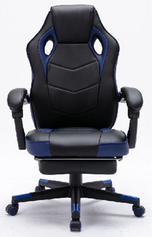 Ergonomic Gaming Chair with Built-in Footrest, 350mm Nylon Base, and Black PU with Blue PU Accents
