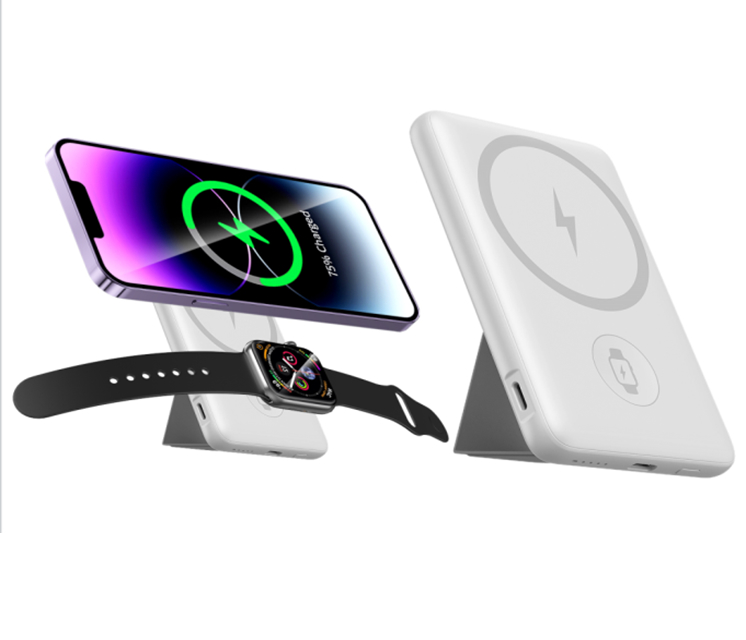 Batterie externe magnétique sans fil 10000mAh, double entrée/sortie Type-C 22,5W max, charge Qi 15W, charge montre connectée, support intégré