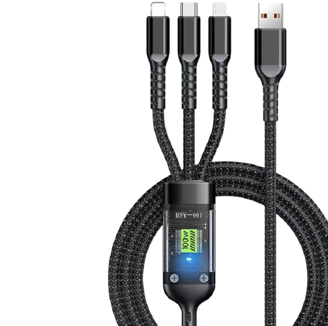 Câble de données à charge rapide ETEK, 1,2M, TPE, 30AWG*2+10AWG*2, 4 conducteurs, Indicateur LED, Noir (Couleurs/Logo personnalisés)