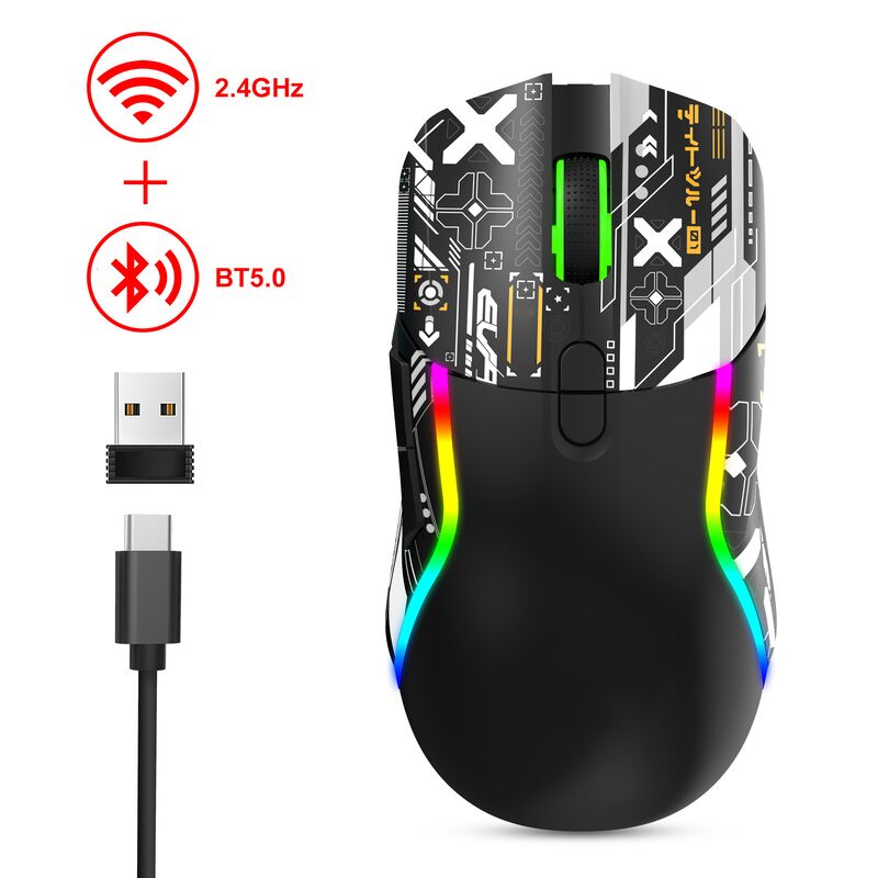 Mouse de jeu RGB sans fil à double mode,2.4G + Bluetooth, 3200 DPI, 8 boutons, batterie de 600 mAh, rechargeable de type C, ABS, Impression au laser