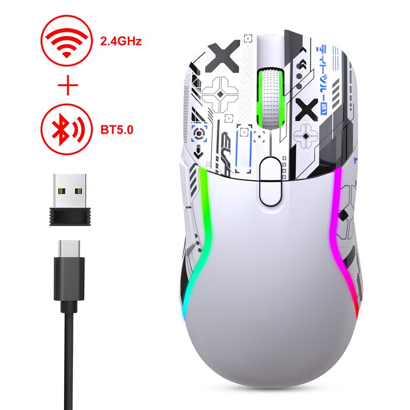 Mouse de jeu RGB sans fil à double mode,2.4G + Bluetooth, 3200 DPI, 8 boutons, batterie de 600 mAh, rechargeable de type C, ABS, Impression au laser