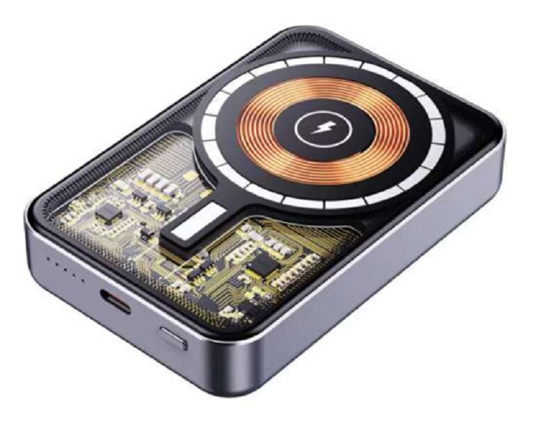 10000 mAh Banque électrique mécha transparente   22,5W câblée + 15W charge magnétique sans fil compatible MagSafe, Gunmetal, base en alliage d'Al, 94 × 63 × 17,5 mm