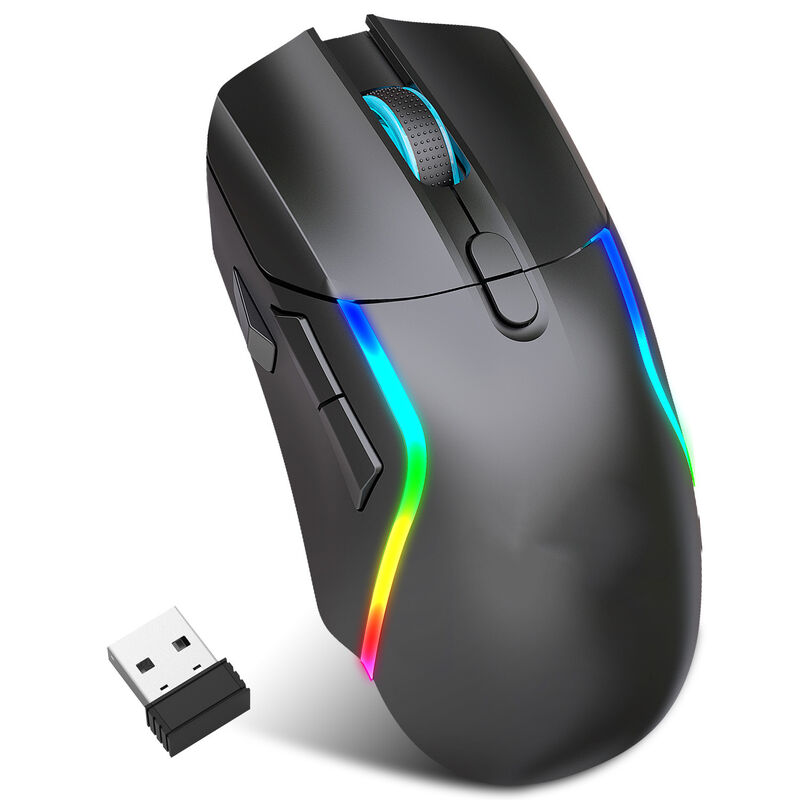 Une souris de jeu sans fil en double mode,2.4G et Bluetooth 5.0, 4 niveaux DPI, éclairage RVB, batterie de 600 mAh, rechargeable de type C,8 boutons