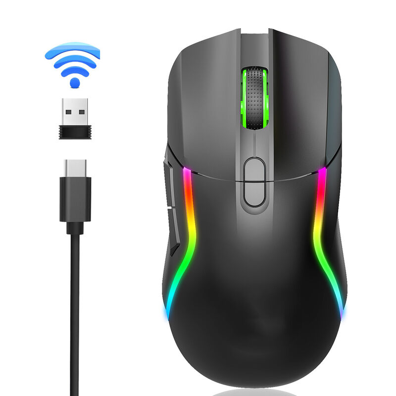 Une souris de jeu sans fil en double mode,2.4G et Bluetooth 5.0, 4 niveaux DPI, éclairage RVB, batterie de 600 mAh, rechargeable de type C,8 boutons