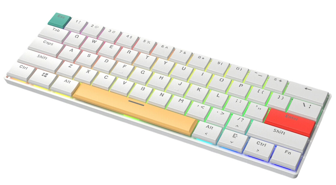 Clavier mécanique RGB 61 touches, 26KRO, filaire, keycaps colorées (base blanche + rouge/jaune/vert)