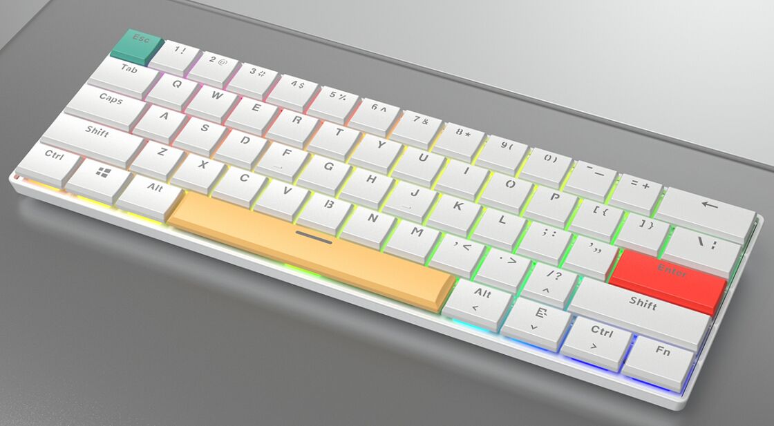 Clavier mécanique RGB 61 touches, 26KRO, filaire, keycaps colorées (base blanche + rouge/jaune/vert)