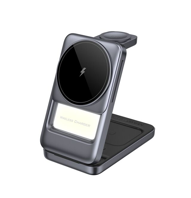 Chargeur sans fil pliable 3 en 1, bleu/gris, argent/gris, plastique + métal, téléphone 15W, montre 2,5W, écouteurs 5W, lumière de nuit