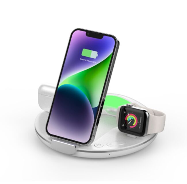 Chargeurs sans fil magnétiques 4-en-1, 15W pour téléphone, 2,5W pour montre, 5W pour écouteurs, Noir/Blanc