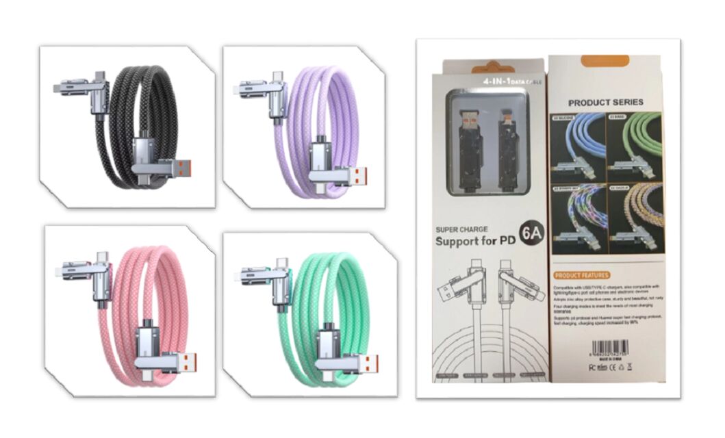 Cable de charge rapide de 65 W, nylon 48-braid, alliage de zinc, indicateur LED, C-C 65 W / C-L 27 W, 4 couleurs - noir, rose, vert, violet