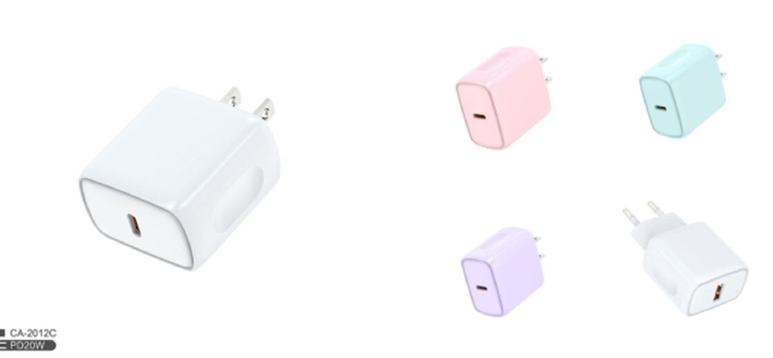 Chargeur USB-C PD de 20 W, prise américaine, entrée globale de 100-240 V, rouge/violet/bleu/blanc