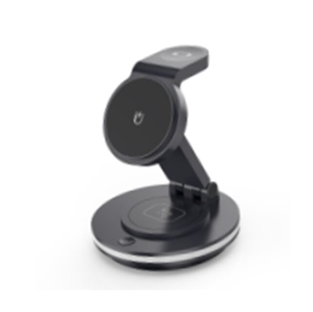 Chargeur sans fil rotatif 4-en-1, 15W téléphone + 2,5W montre + 3W écouteurs + lumière d'ambiance LED