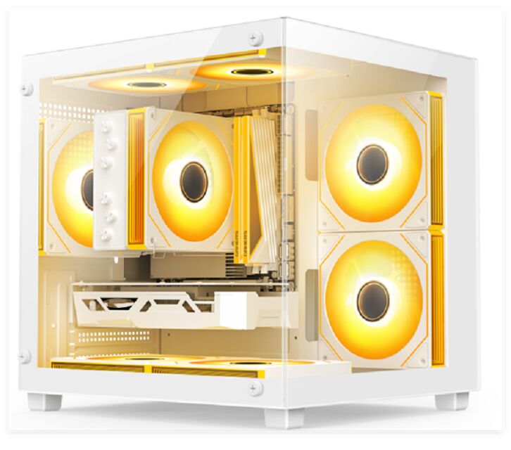 Boîtier PC compact en verre, Micro-ATX/ITX, Refroidissement par eau 240mm, Filtre anti-poussière supérieur, Blanc/Noir