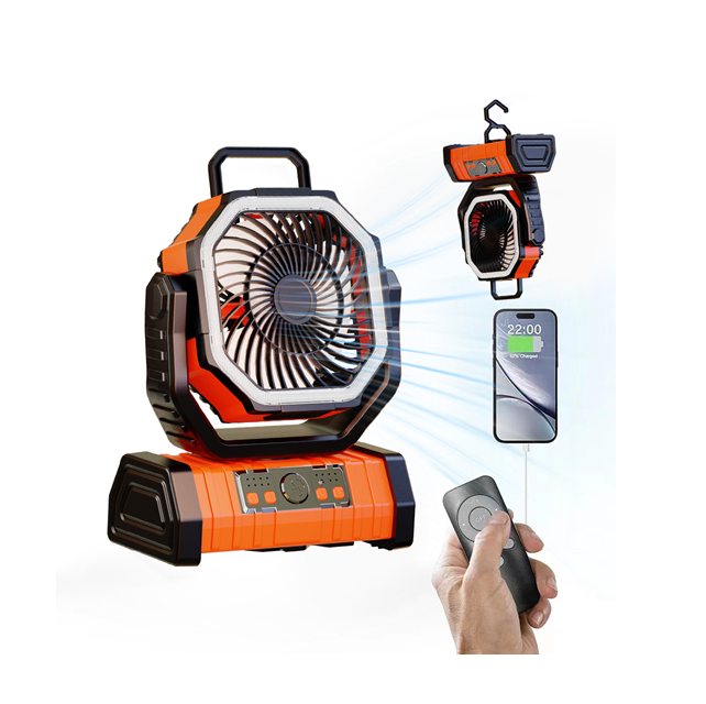 Ventilateur de camping rotatif à 270 degrés Batterie de 20 000 mAh, portable 3 en 1, lumière de nuit et batterie électrique