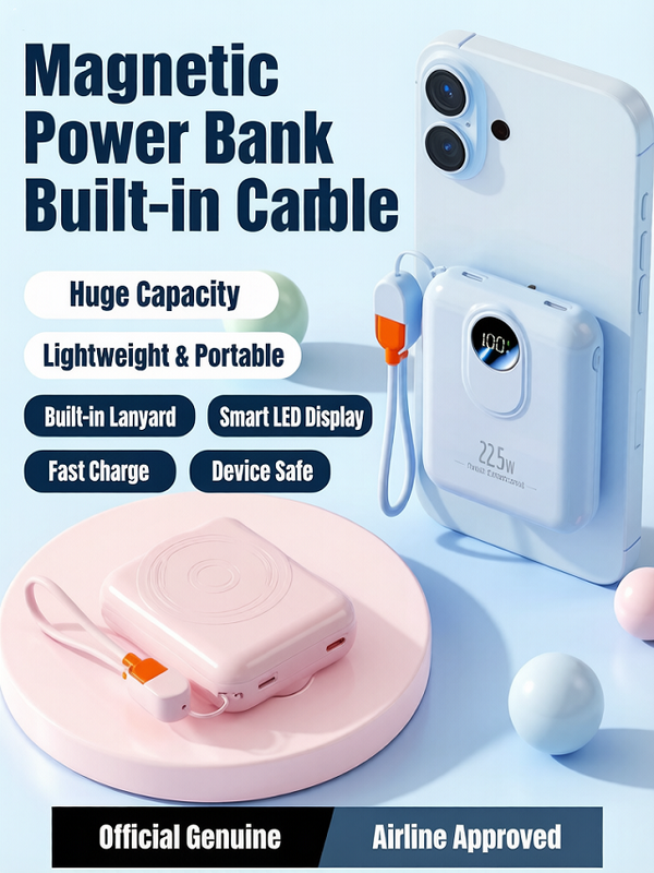 Banque d'alimentation magnétique sans fil 10000mAh, type C/Lightning Entrée 20W, sortie 22,5W+15W, avec câbles