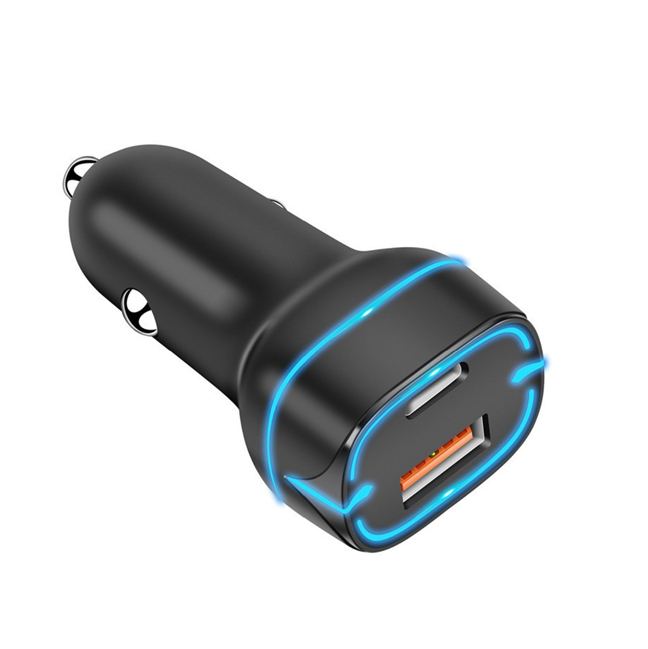 Chargeur de voiture à double port de 38 W, PD20W + QC18W sortie réelle, entrée large 12-24V, LED bleue