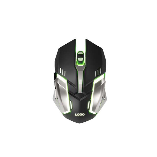 Souris de jeu filaire 6D, réglable à 3600 DPI + base pondérée en métal, ABS noir mat avec garniture argentée et LED de logo, USB Plug-and-Play