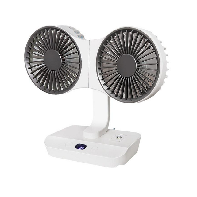 Ventilateur rechargeable 4 en 1 avec lampe, de bureau/mural/suspendu, rotation à 360 degrés et batterie de 2400 mAh