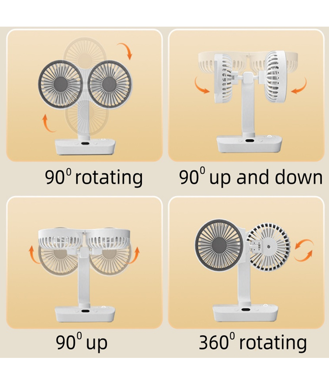 Ventilateur rechargeable 4 en 1 avec lampe, de bureau/mural/suspendu, rotation à 360 degrés et batterie de 2400 mAh