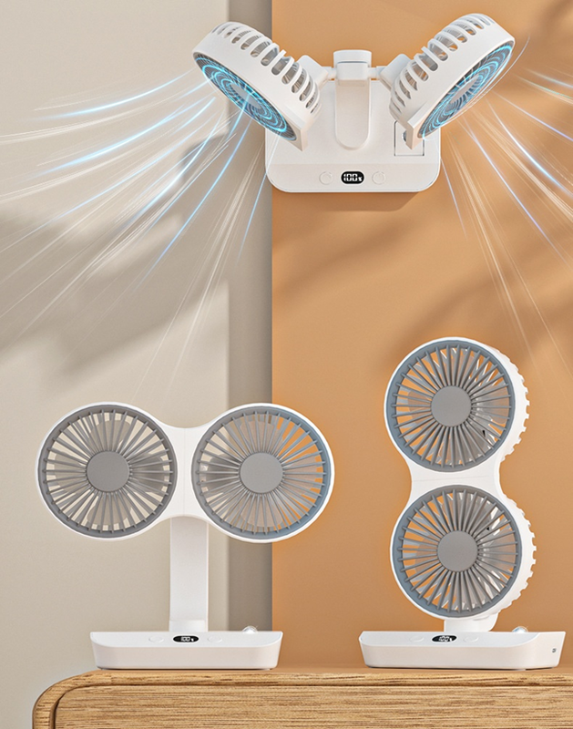 Ventilateur rechargeable 4 en 1 avec lampe, de bureau/mural/suspendu, rotation à 360 degrés et batterie de 2400 mAh