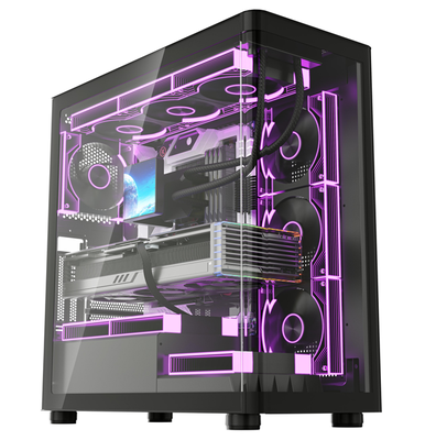 Casse de jeu ATX avant en verre incurvé, support AIO de 360 mm + GPU de 410 mm, USB 3.0 I / O avant, châssis de tour de panneau latéral sans outil